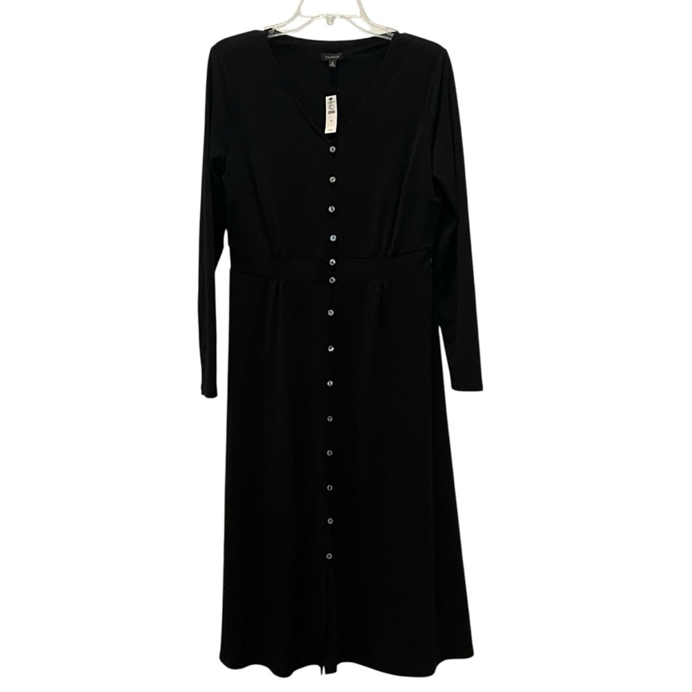 NWT Talbots Black Long Sleeve Midi Dress Button Up NEW $159 Medium Elastic Waist